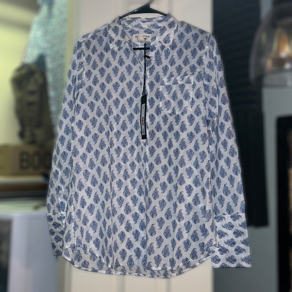 Nili Lotan paisley-print blue and white cotton button up long sleeve top